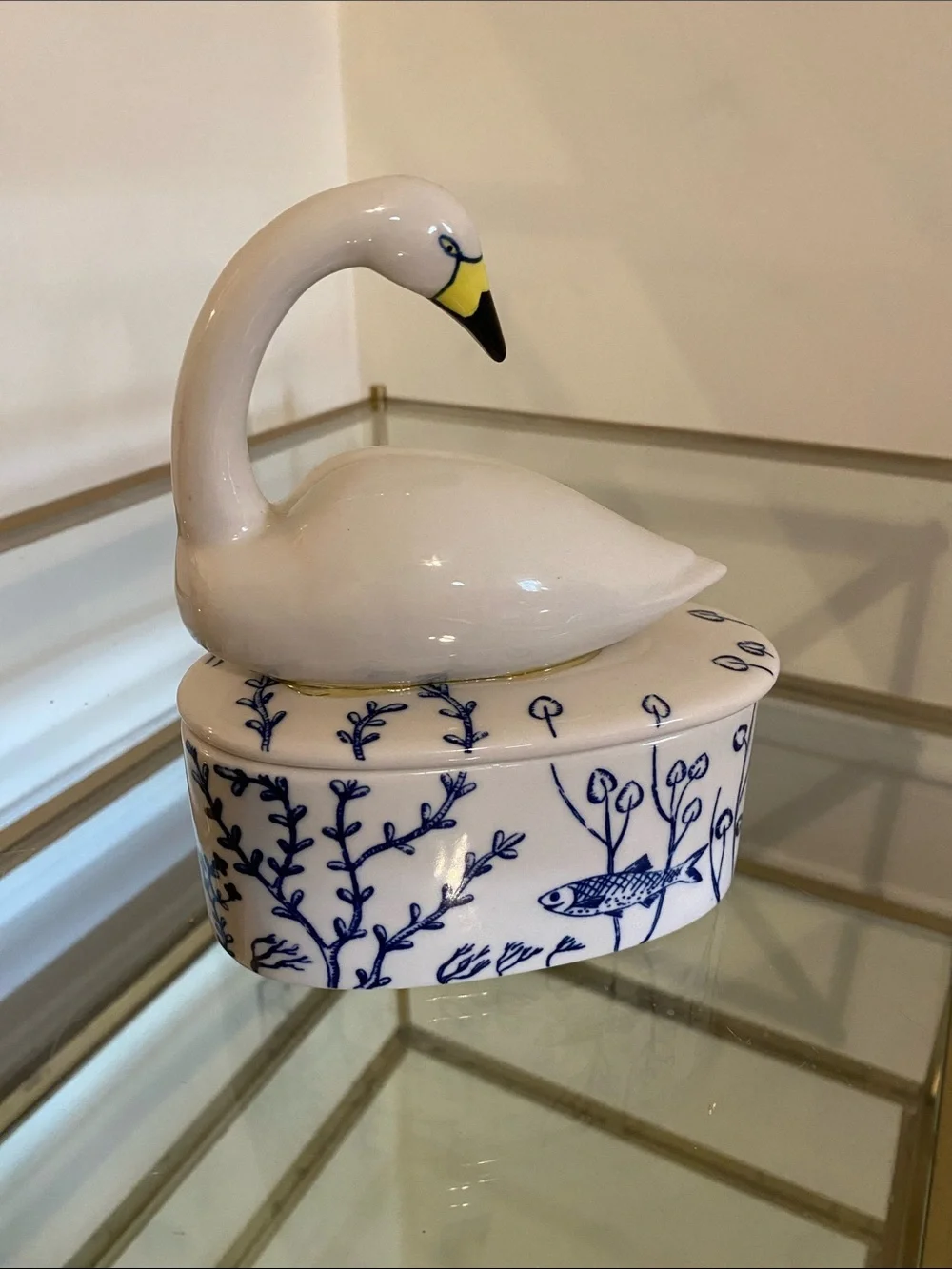 Anthropologie White Swan Ceramic Trinket Box with Blue Motif